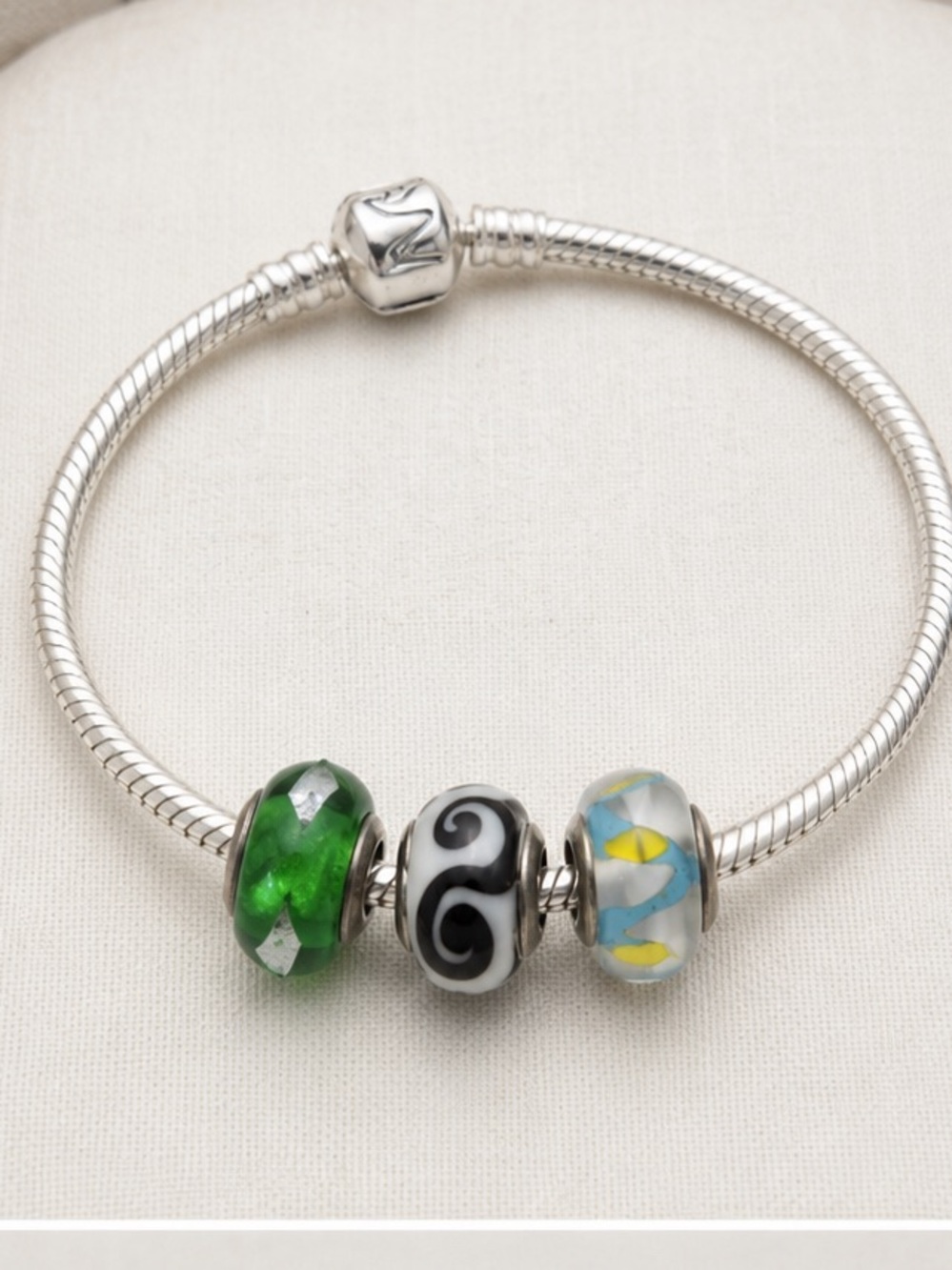 Lot of 3 Murano Glass Style European Charm Beads - Green, Yin Yang, Blue/Yellow